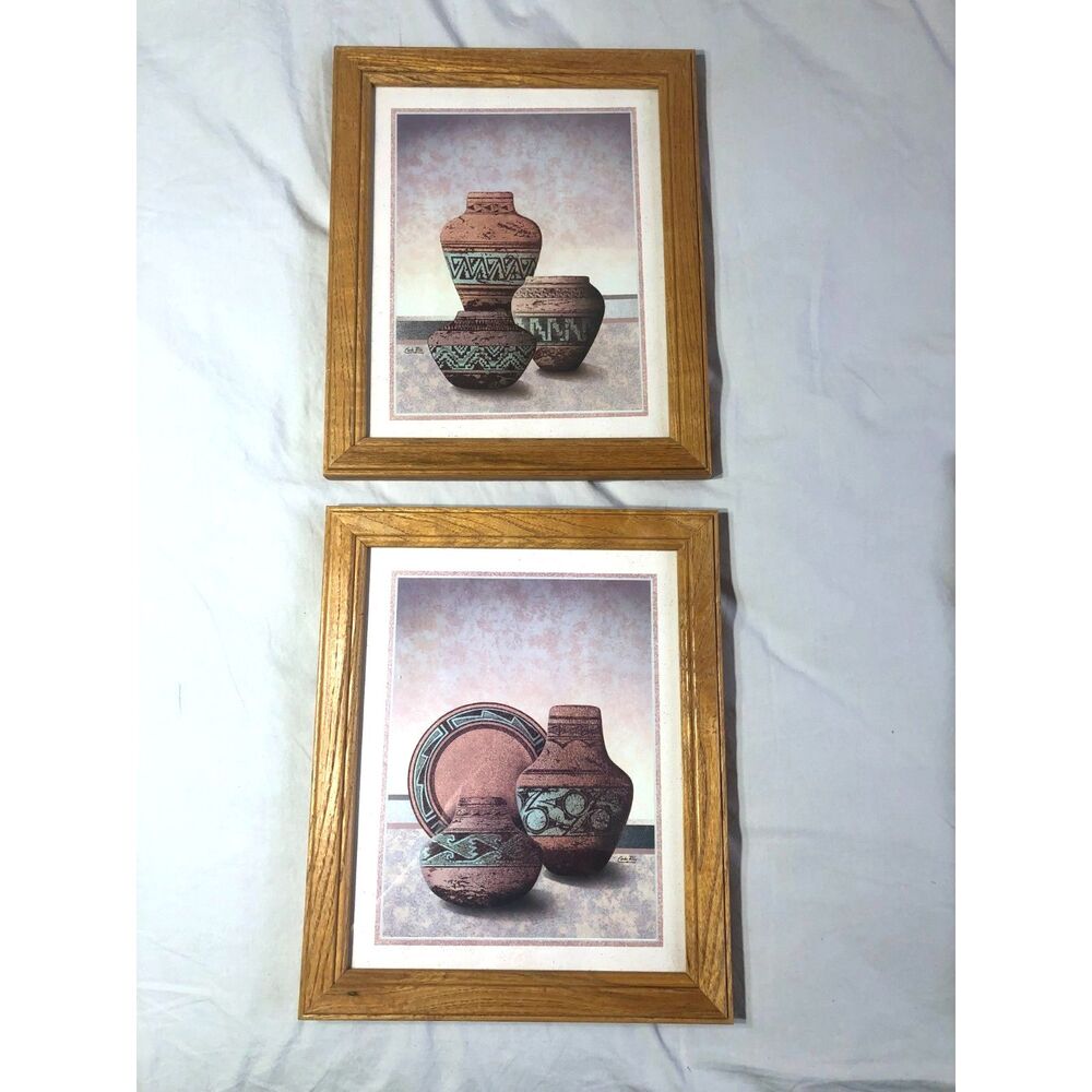 Vtg 80s Carlos Rios Southwest Pottery Prints Framed Set 2 Lithograph Boho Decor